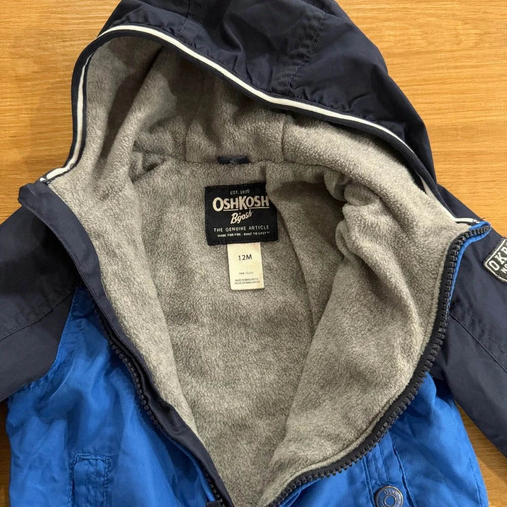 OshKosh Bgosh Boys Blue Colorblock Fleece‎ Lined Hooded Windbreaker Jacket 12M